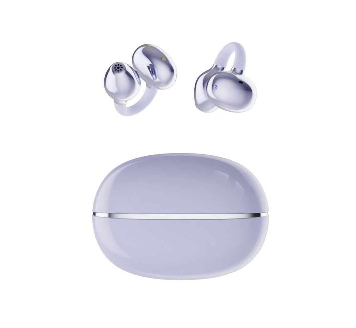 Wireless Gaming Bluetooth Earphones in pale lavender plastic, with two looped earbuds and a matching oval charging case