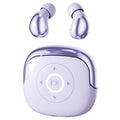 Wireless Gaming Bluetooth Earphones with a glossy lavender plastic finish, matching charging case, and rounded touch-control display.