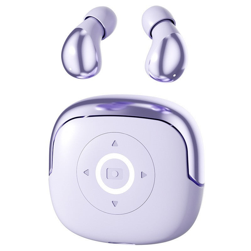 Wireless Gaming Bluetooth Earphones with a glossy lavender plastic finish, matching charging case, and rounded touch-control display.