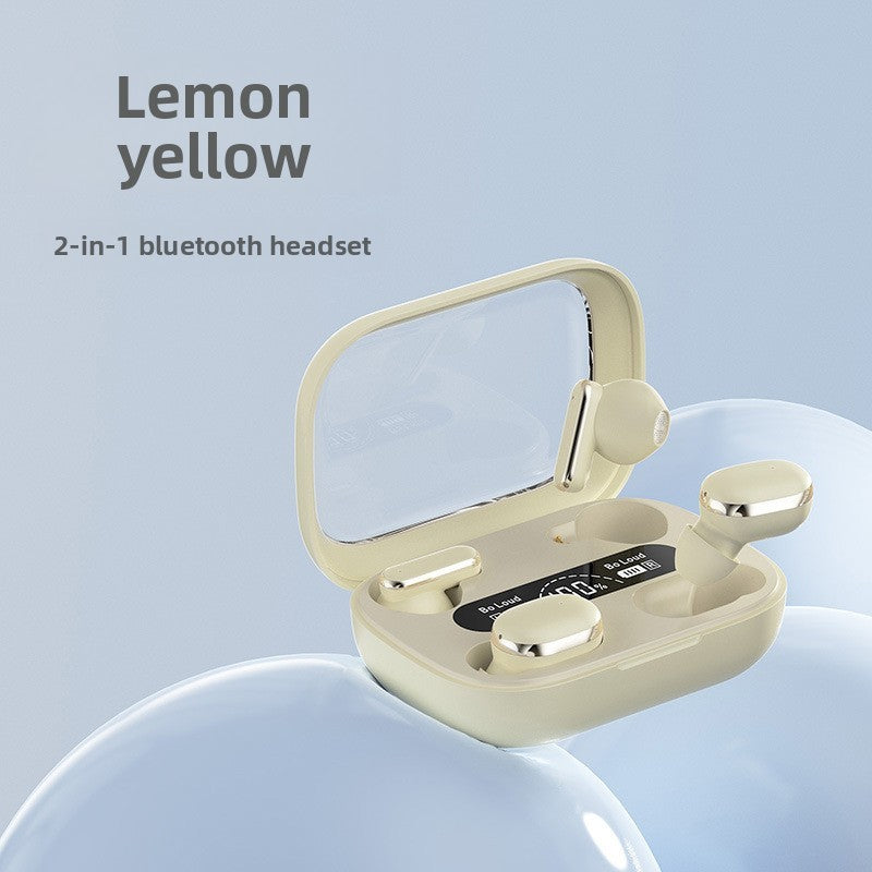 Wireless Gaming Bluetooth Earphones in pale lemon-yellow plastic, with a matching open charging case and digital display