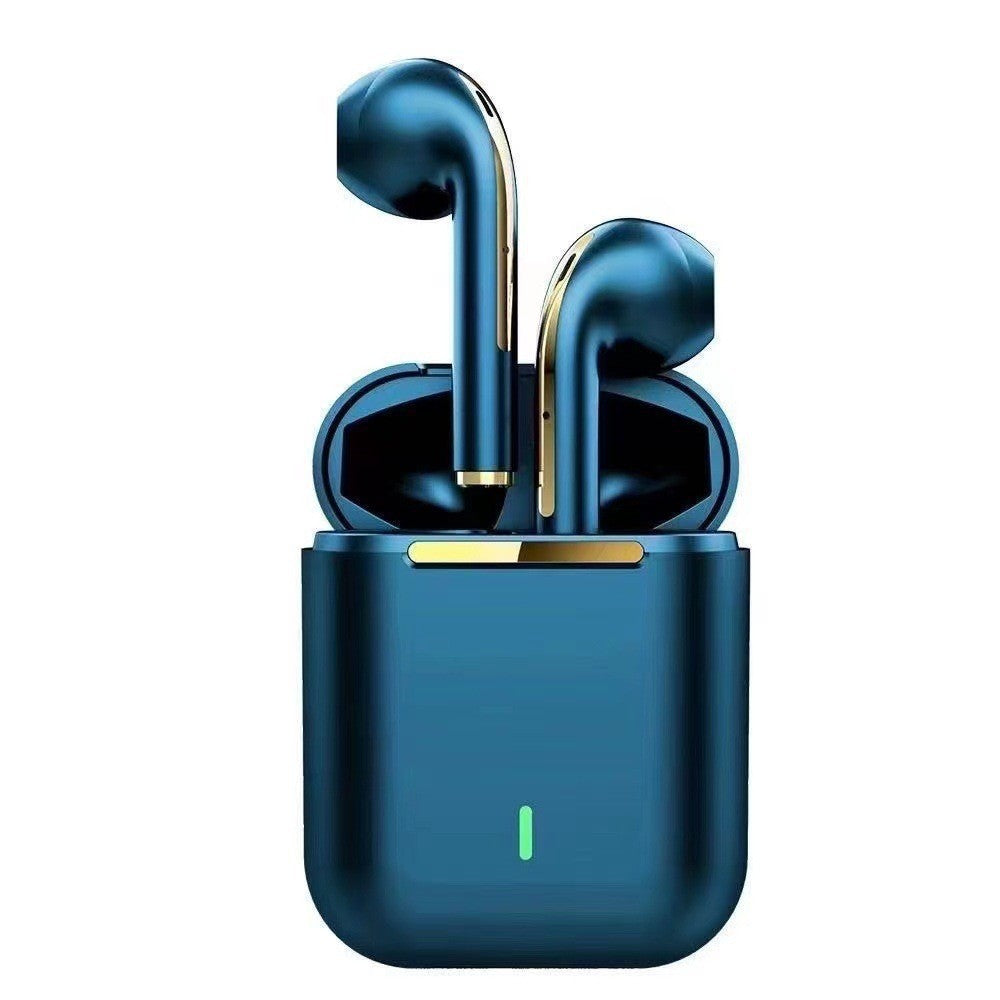 Wireless Gaming Bluetooth Earphones in glossy metallic blue with matching charging case, gold trim and a slim status light