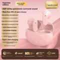 Wireless Gaming Bluetooth Earphones in glossy pink plastic with matching charging case, digital power display, and touch controls