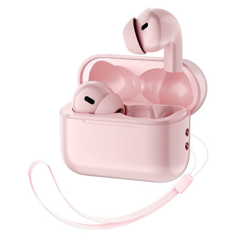 Wireless Gaming Bluetooth Earphones in glossy pale pink plastic, with two rounded earbuds, an open charging case and wrist strap