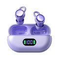 Wireless Gaming Bluetooth Earphones in glossy purple plastic with matching charging case, ear loops and digital battery display
