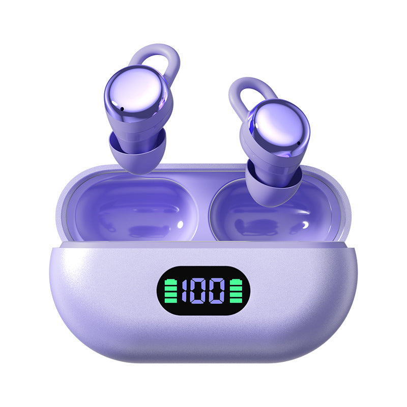 Wireless Gaming Bluetooth Earphones in glossy purple plastic with matching charging case, ear loops and digital battery display