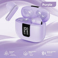 Wireless Gaming Bluetooth Earphones in glossy lavender-purple plastic, with matching charging case, digital battery display and stem earbuds.