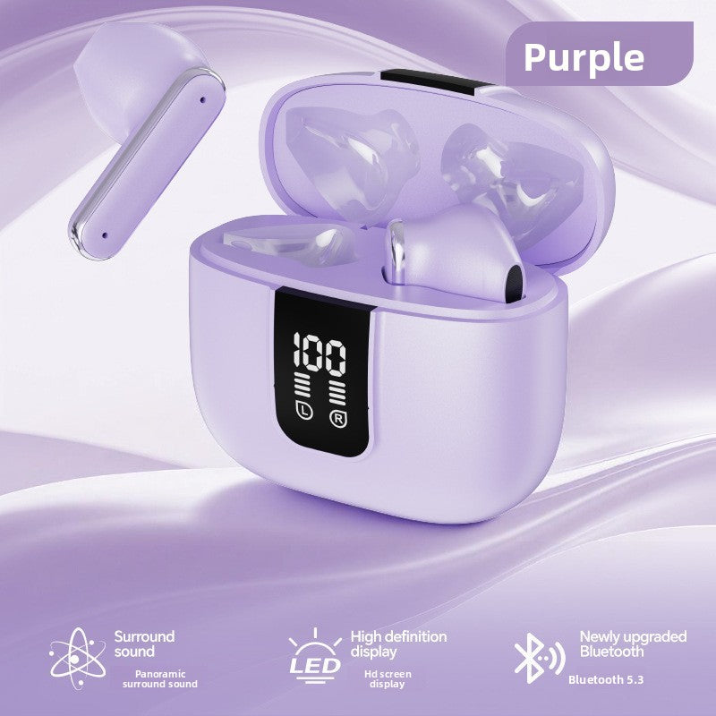 Wireless Gaming Bluetooth Earphones in glossy lavender-purple plastic, with matching charging case, digital battery display and stem earbuds.