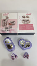 Wireless Gaming Bluetooth Earphones in glossy purple plastic with metallic speaker details, matching earbuds and heart-shaped case