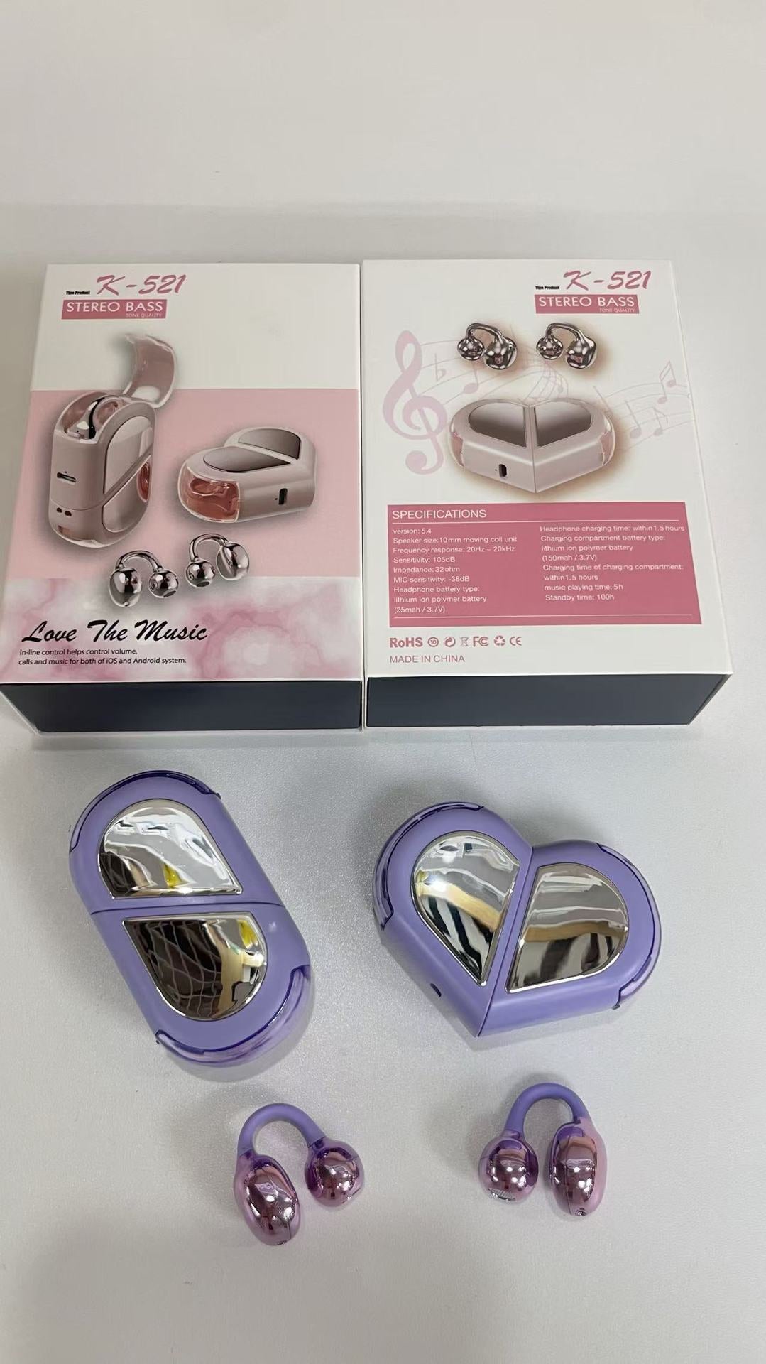 Wireless Gaming Bluetooth Earphones in glossy purple plastic with metallic speaker details, matching earbuds and heart-shaped case