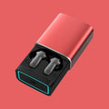 Wireless Gaming Bluetooth Earphones with black plastic earbuds in a red rectangular charging case and cyan display outline