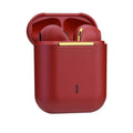 Wireless Gaming Bluetooth Earphones in a matte red plastic charging case, with matching earbuds and gold accent details.