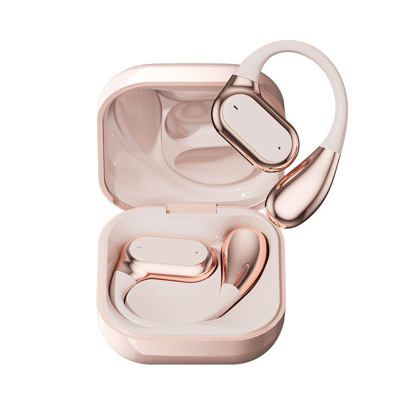 Wireless Gaming Bluetooth Earphones in pale rose gold with a glossy plastic charging case and curved ear hooks