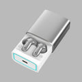 Wireless Gaming Bluetooth Earphones are metallic silver earbuds in a white charging case with a turquoise outlined display panel.