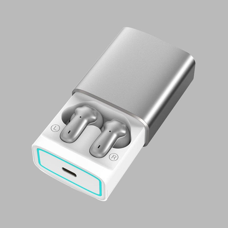 Wireless Gaming Bluetooth Earphones are metallic silver earbuds in a white charging case with a turquoise outlined display panel.