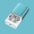Wireless Gaming Bluetooth Earphones with silver stemmed earbuds in a white charging case, turquoise lid and digital display