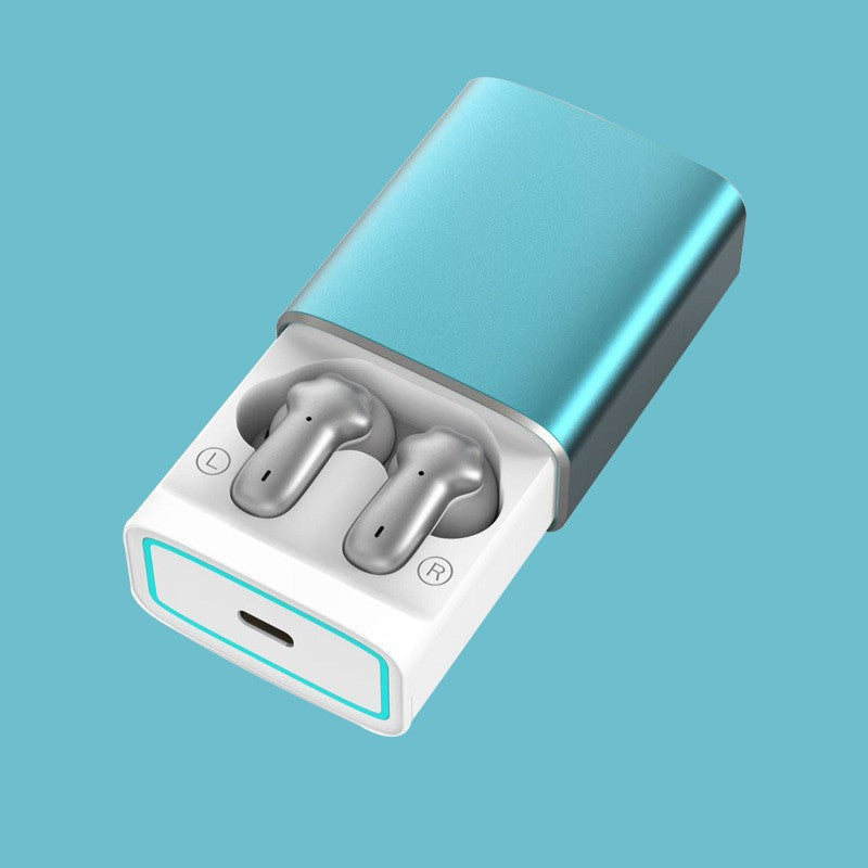 Wireless Gaming Bluetooth Earphones with silver stemmed earbuds in a white charging case, turquoise lid and digital display