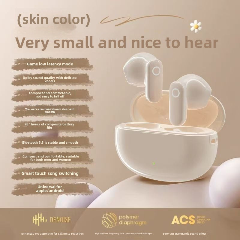 Wireless Gaming Bluetooth Earphones in a skin-tone beige finish, with rounded earbuds and a matching charging case