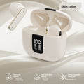 Wireless Gaming Bluetooth Earphones in a pale skin-tone plastic charging case with a digital battery display and matching earbuds.