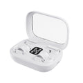 Wireless Gaming Bluetooth Earphones in a glossy white plastic charging case with an open lid and digital battery display