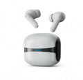 Wireless Gaming Bluetooth Earphones with a white plastic charging case, black center band, blue indicator and matching stem earbuds