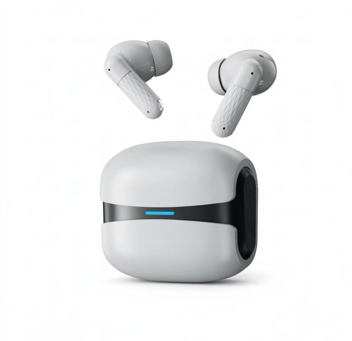 Wireless Gaming Bluetooth Earphones with a white plastic charging case, black center band, blue indicator and matching stem earbuds