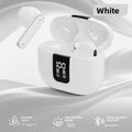 Wireless Gaming Bluetooth Earphones in white plastic with open charging case, digital battery display, and stem earbuds