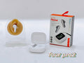 Wireless Gaming Bluetooth Earphones with white plastic earbuds and charging case, alongside retail packaging and a single earbud display