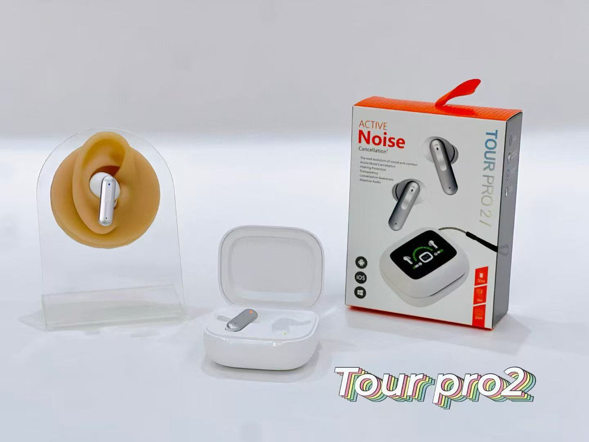 Wireless Gaming Bluetooth Earphones with white plastic earbuds and charging case, alongside retail packaging and a single earbud display