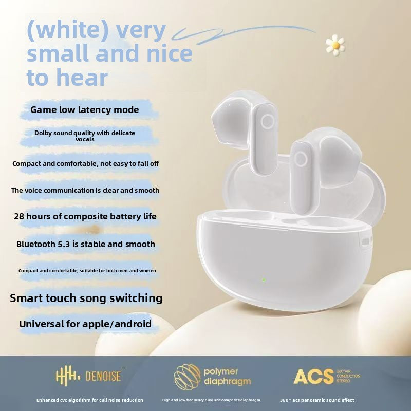 Wireless Gaming Bluetooth Earphones in glossy white plastic with matching open charging case, rounded earbuds and smart touch controls
