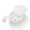 Wireless Gaming Bluetooth Earphones in white plastic with smooth rounded earbuds, silicone tips and ear loops in an open charging case