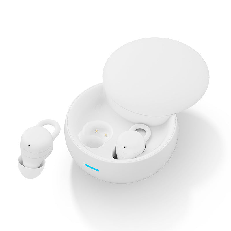 Wireless Gaming Bluetooth Earphones in white plastic with smooth rounded earbuds, silicone tips and ear loops in an open charging case