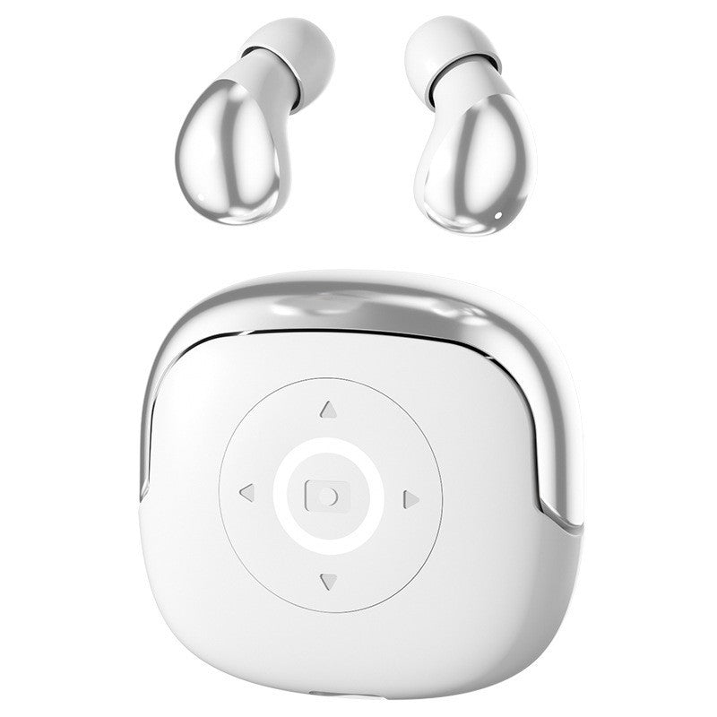 Wireless Gaming Bluetooth Earphones in glossy white plastic, with open-loop earbuds and a rounded charging case featuring a circular control panel