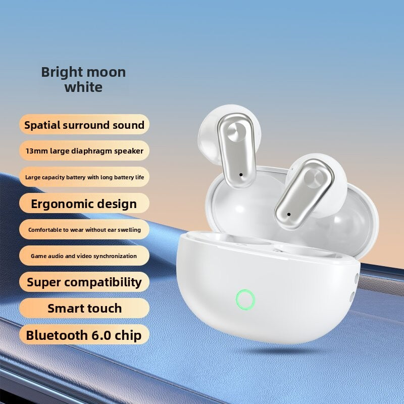 Wireless Gaming Bluetooth Earphones in glossy white plastic with stemmed earbuds, an open charging case and green indicator