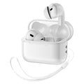 Wireless Gaming Bluetooth Earphones in glossy white plastic with stemmed earbuds, an open charging case and attached wrist strap
