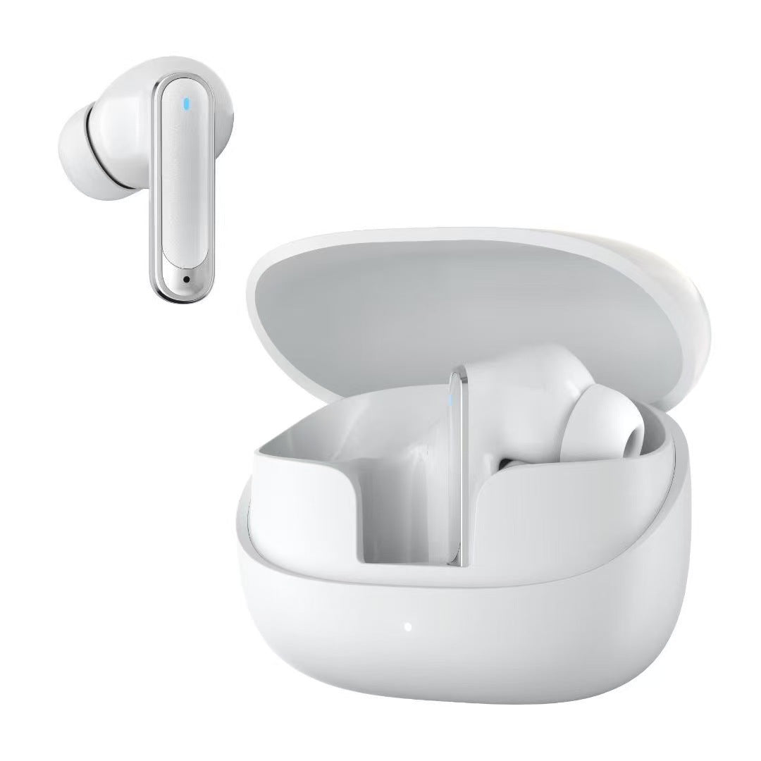 Wireless Gaming Bluetooth Earphones in glossy white plastic, with stem-style earbuds and a matching open charging case