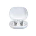 Wireless Gaming Bluetooth Earphones in glossy white plastic with smooth stemless earbuds nestled in an open oval charging case