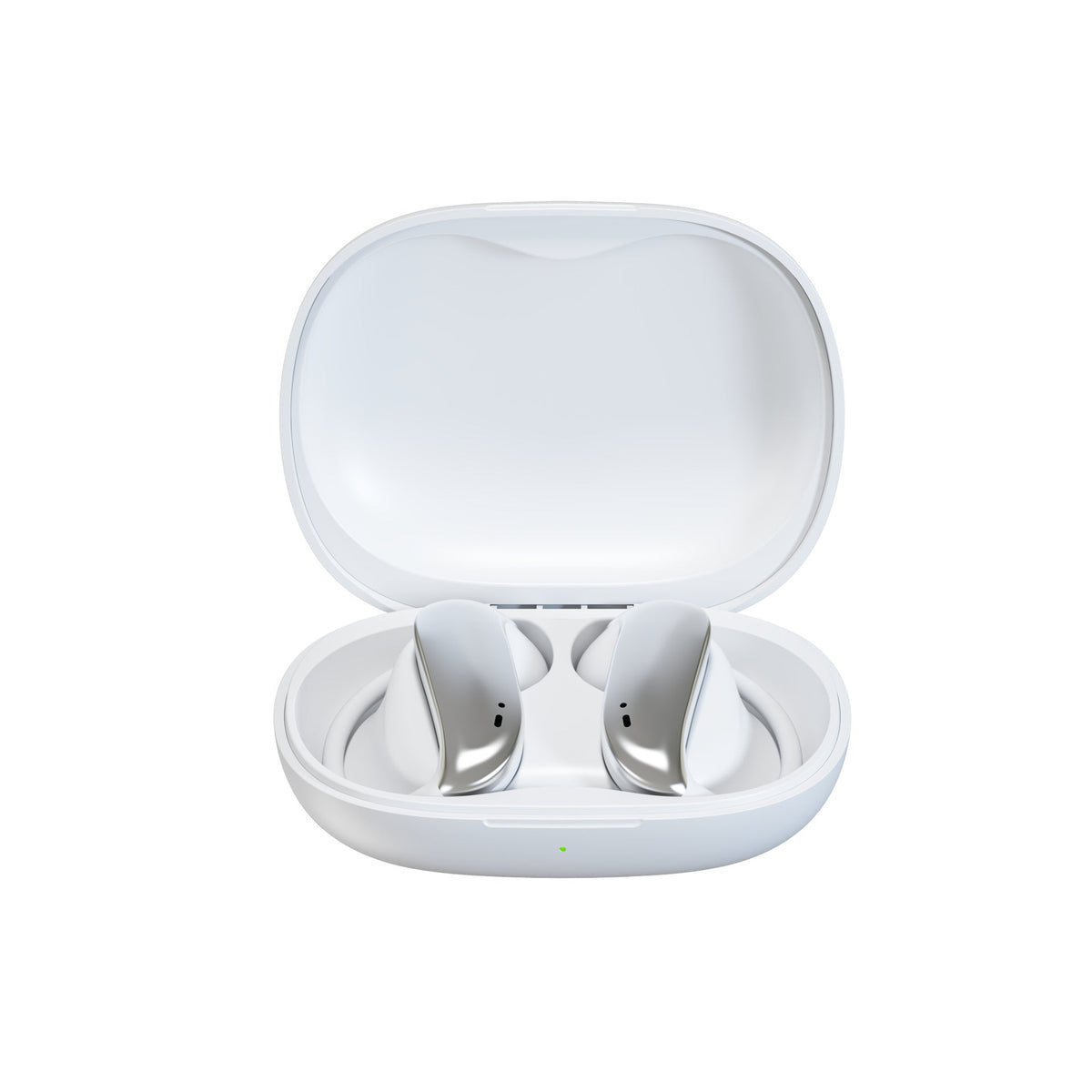 Wireless Gaming Bluetooth Earphones in glossy white plastic with smooth stemless earbuds nestled in an open oval charging case
