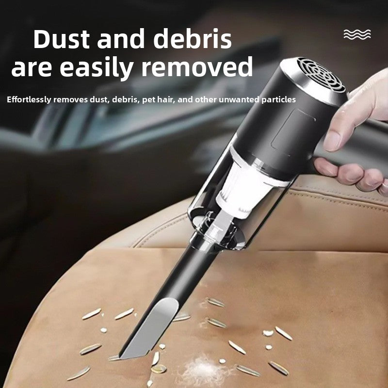 Wireless Handheld Vacuum Cleaner in black with a clear dust cup and narrow nozzle removing debris from upholstery