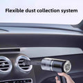 Wireless Handheld Vacuum Cleaner with a black cylindrical body and clear flexible dust collection chamber, used near a car vent