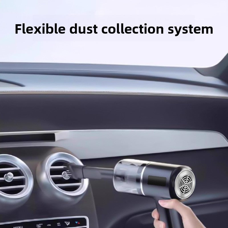 Wireless Handheld Vacuum Cleaner with a black cylindrical body and clear flexible dust collection chamber, used near a car vent