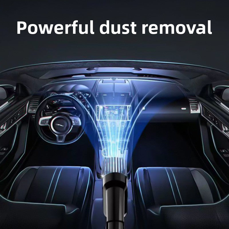 Wireless Handheld Vacuum Cleaner shown removing dust from a car interior, with a black nozzle and blue suction effect