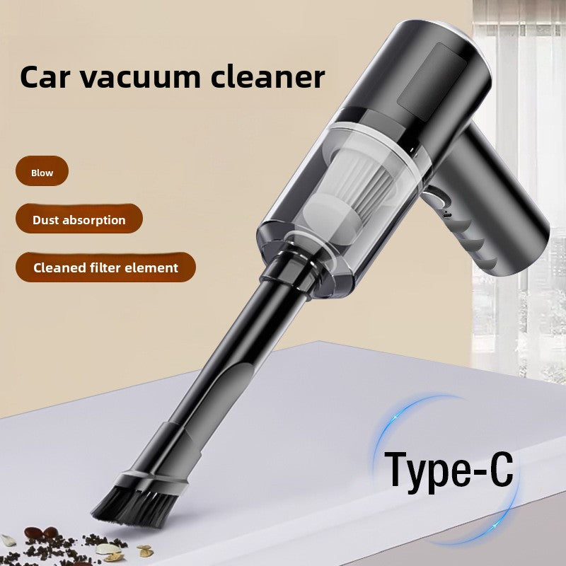 Wireless Handheld Vacuum Cleaner in black and dark gray, with a clear dust chamber, pleated filter and brush nozzle.