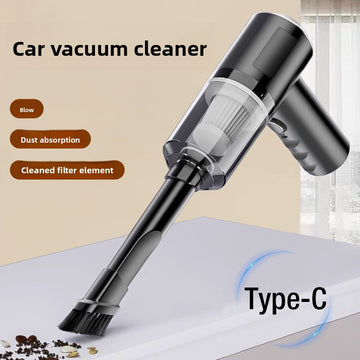 Wireless Handheld Vacuum Cleaner in black and dark gray, with a clear dust chamber, pleated filter and brush nozzle.