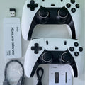 Wireless HDMI TV Game Console with a white 4K Game Stick Pro, two white-and-black wireless controllers, USB adapter and cables
