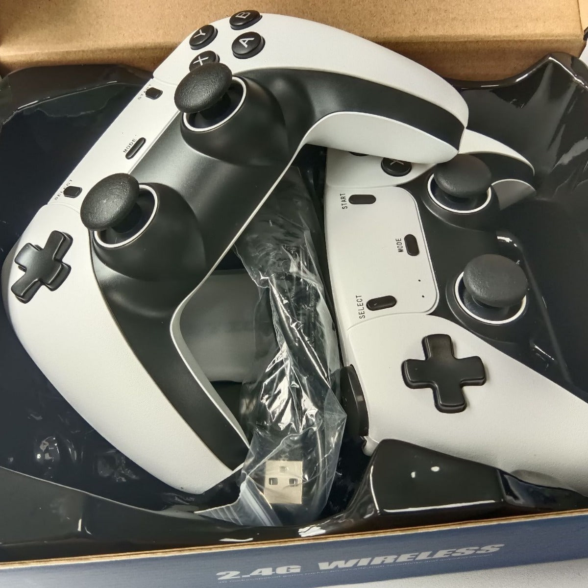 Wireless HDMI TV Game Console with two white and black wireless controllers, featuring dual analog sticks and cross-shaped directional pads.