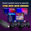 Wireless TV Game Console with black twin wireless controllers, HDMI stick, and colorful retro game menus displayed on screens