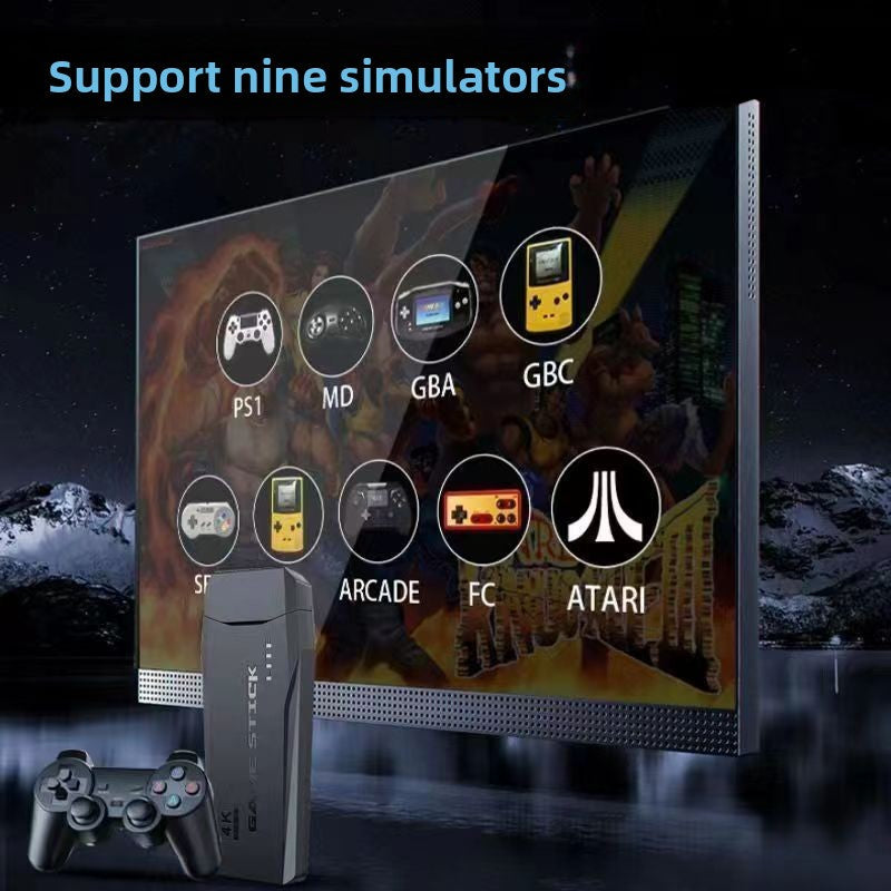 Wireless TV Game Console with a slim blue HDMI stick and two glossy black controllers with blue buttons and dual joysticks.