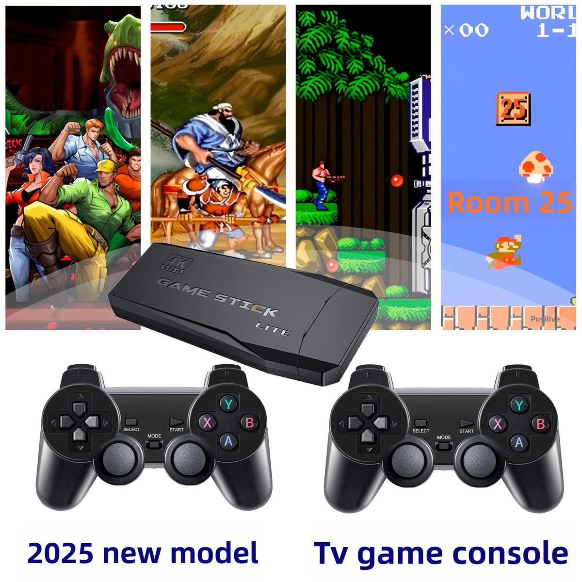 Wireless TV Game Console featuring a black Game Stick Lite, two black wireless controllers, and colorful classic game screens