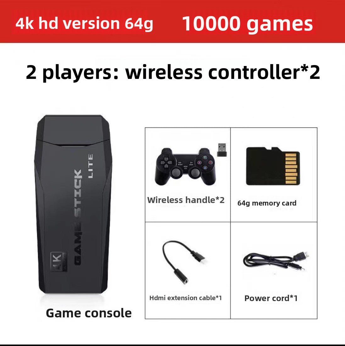 Wireless TV Game Console with a slim black Game Stick Lite, two wireless controllers, memory card, HDMI extension and power cable