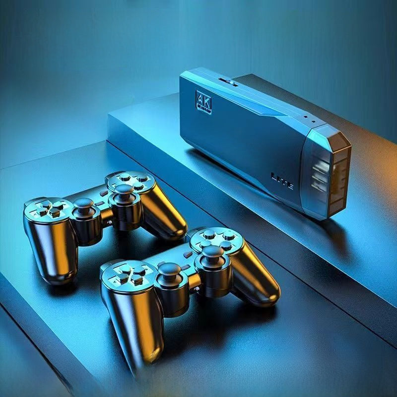 Wireless TV Game Console with a slim blue HDMI stick and two glossy black controllers with blue buttons and dual joysticks.